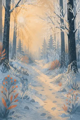 Winter Forest Path with Golden Light Rays