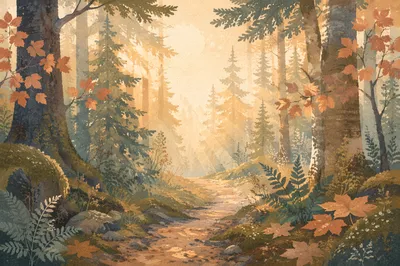 Peaceful Forest Path with Morning Light Rays
