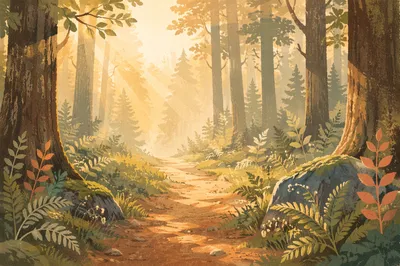 Forest Path with Morning Light Rays
