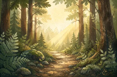 Forest Path with Morning Light Rays