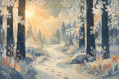 Winter Forest Path with Golden Light Rays