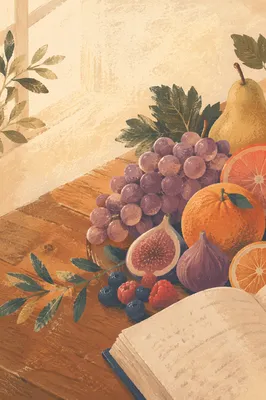 Fresh Fruit and Open Notebook Closeup