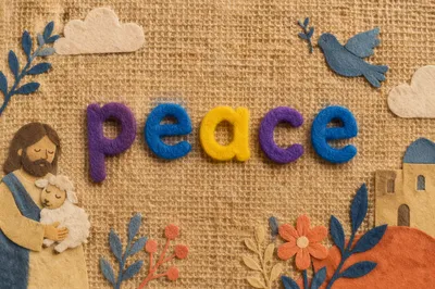 Peace Felt Letters on Burlap Background