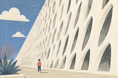 Minimalist Geometric Facade With Walking Figure