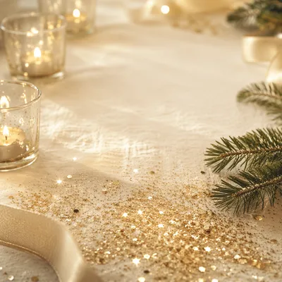 Golden Glitter and Candlelit Linen Background
