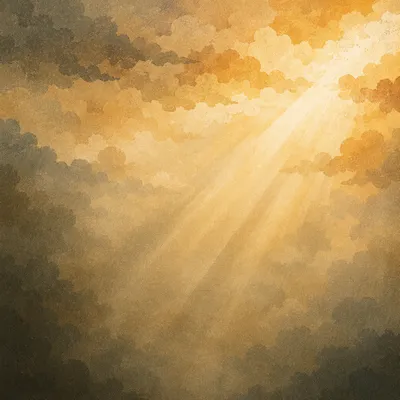 Golden Light Rays Through Misty Clouds
