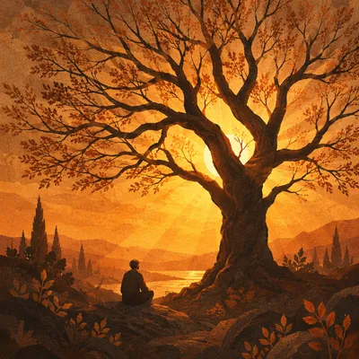 Golden Light Rays Behind Silent Tree