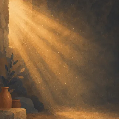 Golden Light Rays in Morning Mist