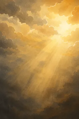 Golden Light Rays Through Misty Clouds