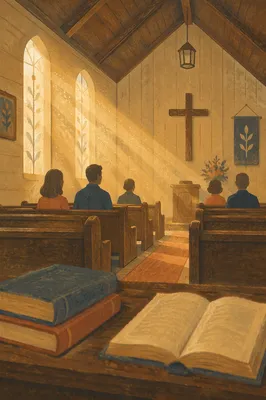 Golden Light Rays in Quiet Wooden Chapel
