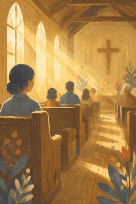 Golden Light Rays in Quiet Wooden Chapel