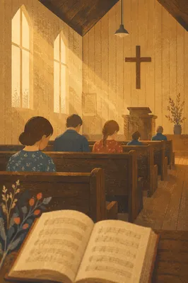 Golden Light Rays in Quiet Wooden Chapel