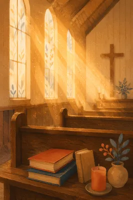 Golden Light Rays in Quiet Wooden Chapel