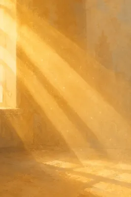 Golden Light Rays in Morning Mist