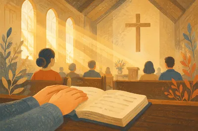 Golden Morning Prayer Light in Wooden Chapel