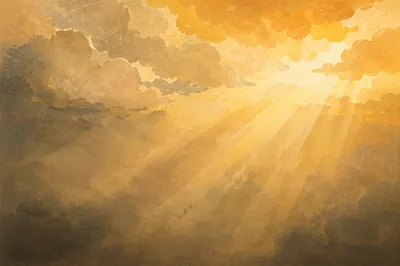 Golden Light Rays Through Misty Clouds