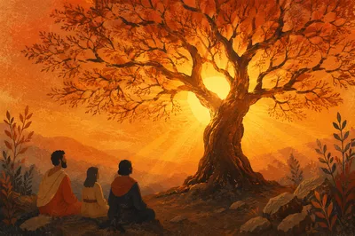 Golden Light Rays Through Bare Tree