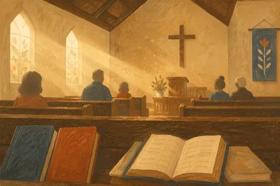 Golden Light Rays in Quiet Wooden Chapel