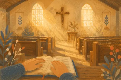 Golden Sunrise Rays in Quiet Wooden Chapel