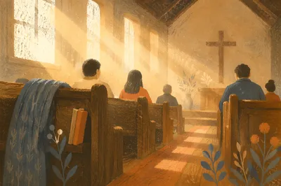 Golden Light Rays in Quiet Wooden Chapel