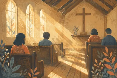 Golden Light Rays in Quiet Wooden Chapel