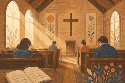 Golden Light Rays in Quiet Wooden Chapel