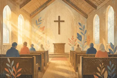 Golden Sunrise Rays in Wooden Chapel