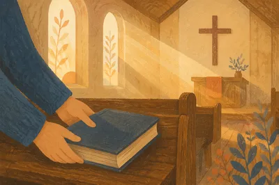 Golden Sunrise Rays in Wooden Chapel