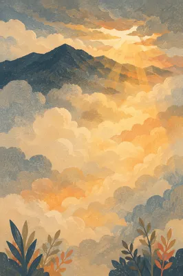 Golden Heavenly Light Through Mountain Clouds