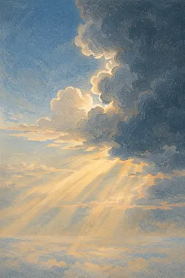Golden Heavenly Light Rays Through Clouds