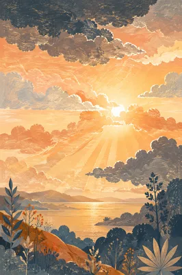 Golden Heavenly Light Rays Through Clouds