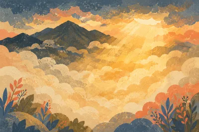 Golden Heavenly Light Through Mountain Clouds