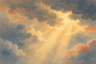 Golden Heavenly Light Through Rain Clouds
