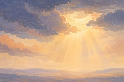 Golden Heavenly Light Rays Through Clouds