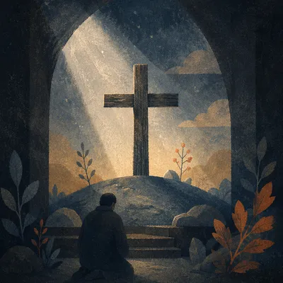 Wooden Cross in Dark Chapel Light