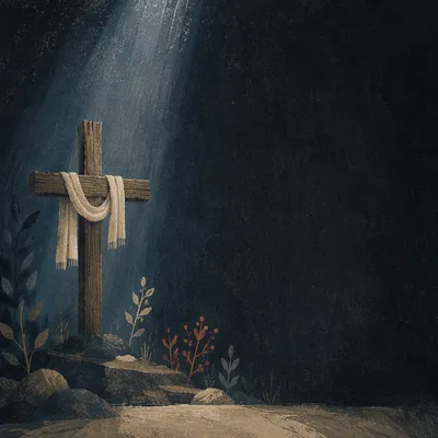 Wooden Cross in Dark Chapel Light