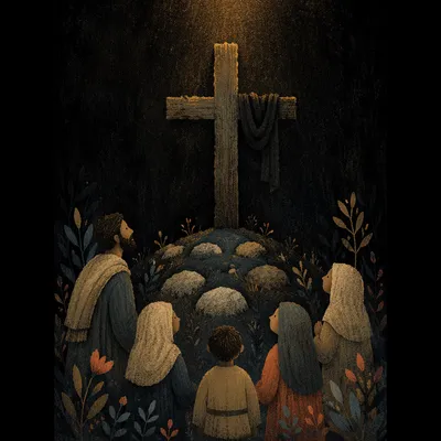 Weathered Wooden Cross on Gray Stones