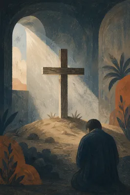 Wooden Cross in Somber Chapel Light