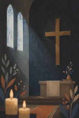 Wooden Cross in Dim Chapel Interior