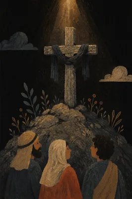 Weathered Wooden Cross on Gray Stones