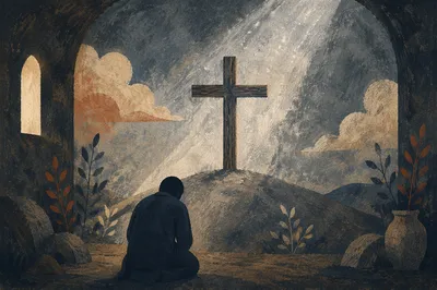 Wooden Cross in Dark Misty Sanctuary