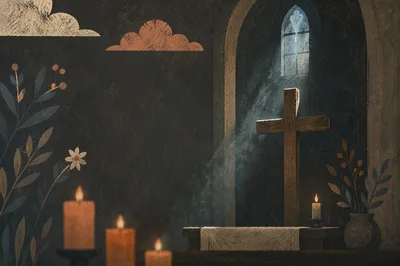 Wooden Cross in Dim Chapel Interior