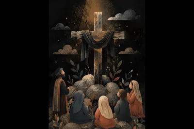 Weathered Wooden Cross on Gray Stones