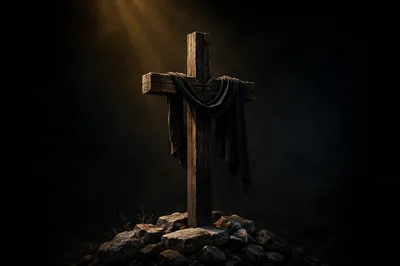 Weathered Wooden Cross on Stone Pile