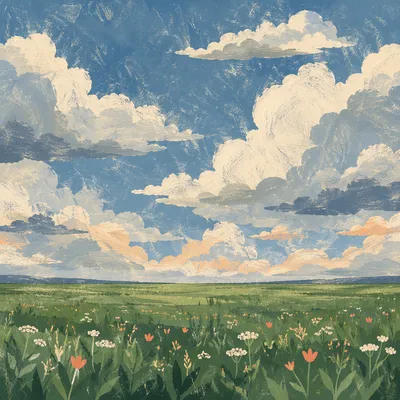 Green Meadow Horizon Under Dramatic Blue Sky