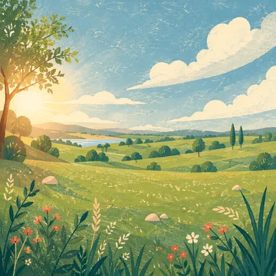 Peaceful Green Field Under Blue Sky