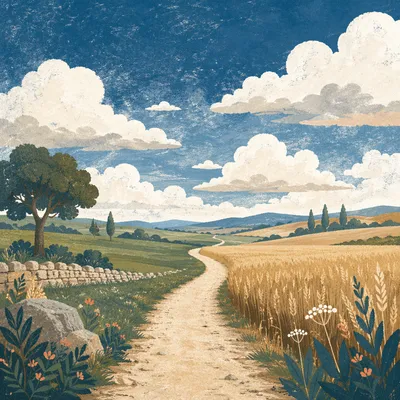 Peaceful Farmland Path Under Expansive Sky