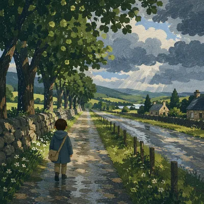 Green Field Path Under Stormy Blue Sky