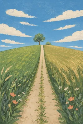 Green Field Path Under Blue Sky