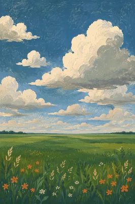 Green Meadow Horizon Under Dramatic Blue Sky